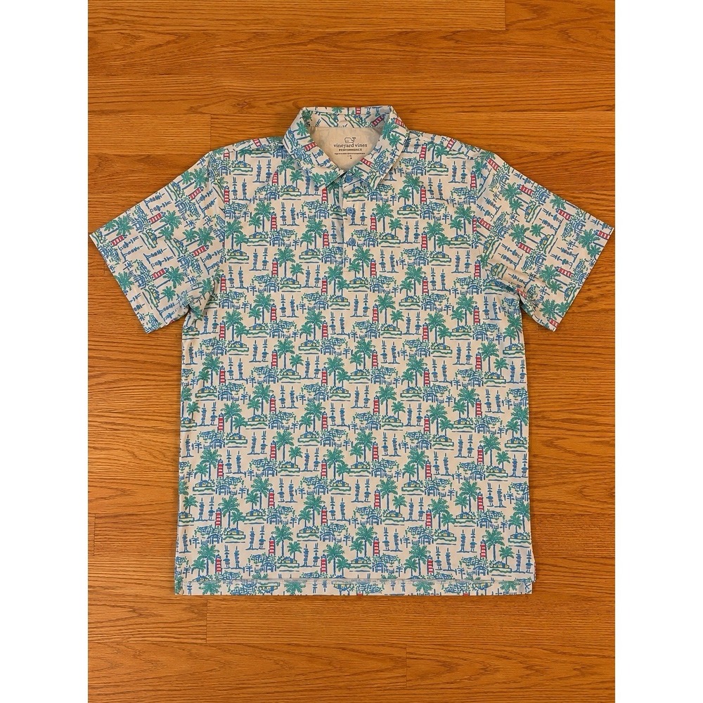 Vineyard Vines Performance Men's L Polo Short Sleeve Tropical Lighthouse print